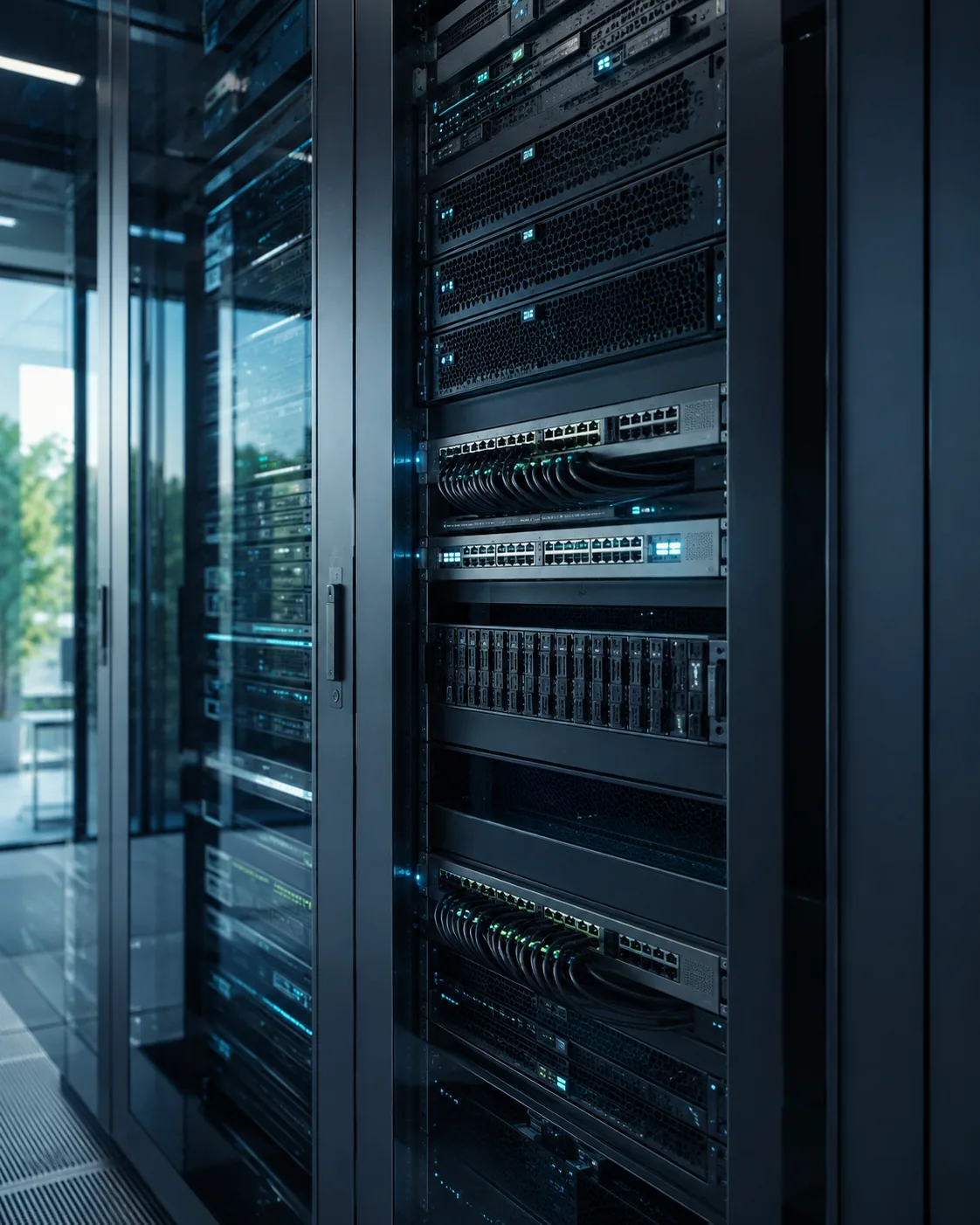 Illustration of neatly arranged server racks with blue indicator lights